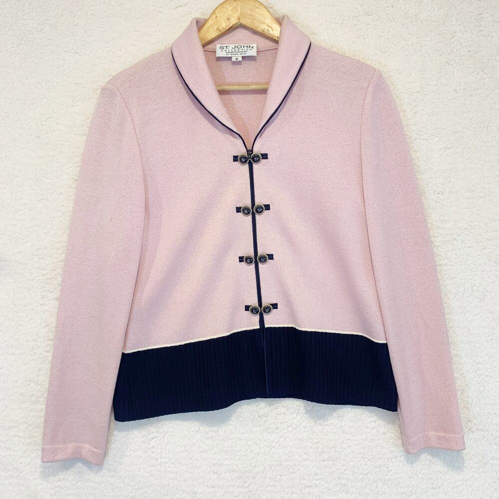 St John Collection Cardigan Sweater Size 8 Pink and Navy Blue Luxury Classy Chic